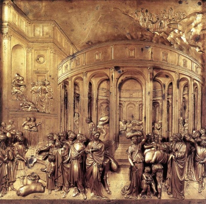 『意大利文艺复兴初期雕塑家Lorenzo Ghiberti的铜塑作品，体现了约瑟打开存粮平.jpg